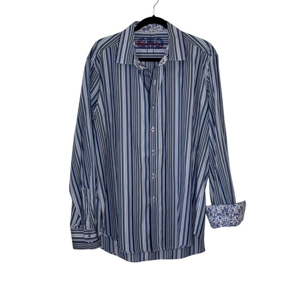 Robert Graham Blue White Striped Floral Button Up Shirt Long Sleeve Size XL